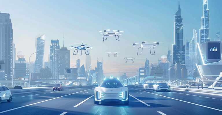 Autonomous Systems: Who is Really Responsible for AI Growth? 8 Futuristic cityscape with autonomous cars and delivery drones flying above modern highways.