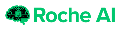 Roche AI logo featuring a green brain with a circuit design representing technology and artificial intelligence.