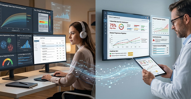 A woman wearing headphones analyzes multiple data dashboards on dual monitors displaying charts and graphs related to predictive analytics. A doctor stands beside her reviewing a tablet while large screens show patient risk scores and disease progression projections highlighting the use of predictive analytics in healthcare decision making.