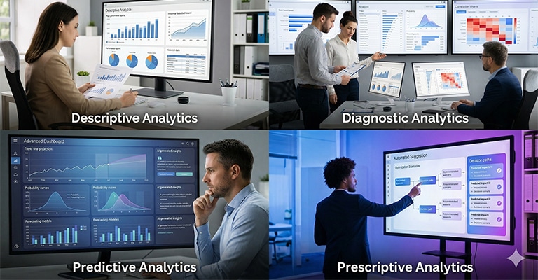 Four-panel graphic showing descriptive, diagnostic, predictive analytics, and prescriptive analytics in office settings with data dashboards and teams reviewing charts. The predictive analytics panel highlights a man studying multiple data visualizations on a large screen to forecast trends and outcomes.