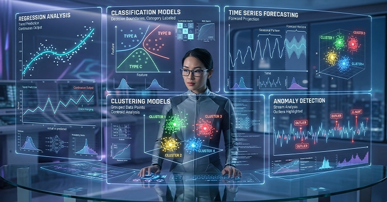 Data scientist using a futuristic transparent interface to analyze charts for predictive analytics including regression analysis classification models clustering and anomaly detection. Multiple glowing graphs and data visualizations surround her as she interacts with a digital dashboard showing trends forecasts and data patterns.