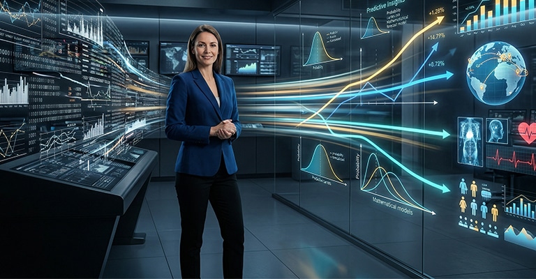 Business professional standing in a high tech control room surrounded by digital dashboards and flowing data visualizations illustrating predictive analytics and forecasting trends across global markets. Bright graphs charts and data streams move across large screens showing growth patterns performance metrics and real time insights.