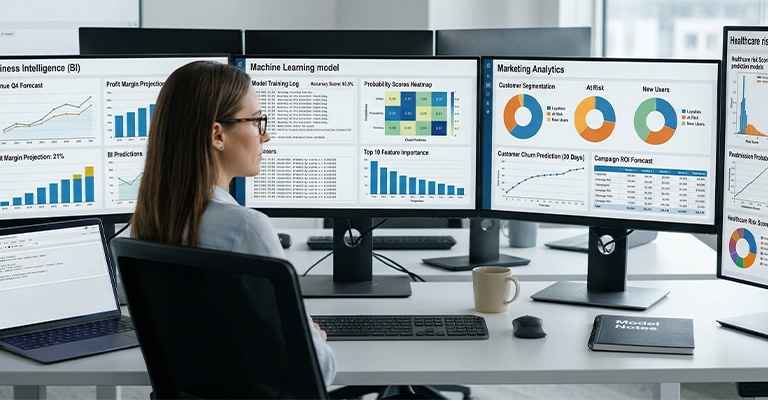 Woman analyst sits at a desk reviewing multiple monitors filled with charts, graphs, and dashboards used for predictive analytics. The screens display business intelligence metrics, machine learning outputs, and forecasting visuals while she focuses on interpreting the data.
