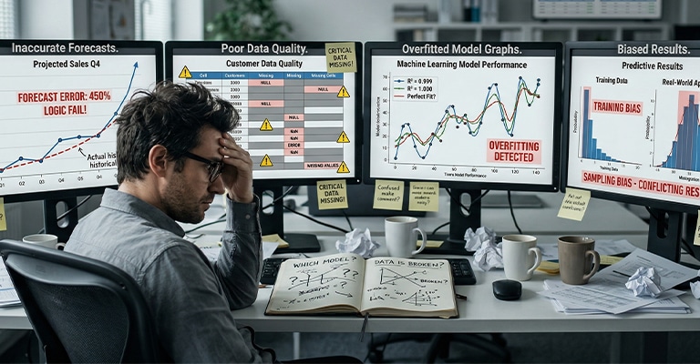 Analyst sitting at a desk reviewing multiple dashboards with charts labeled “Inaccurate Forecasts,” “Poor Data Quality,” “Overfitted Model Graphs,” and “Biased Results,” highlighting common predictive analytics challenges. Sticky notes, notebooks, and coffee cups surround the workspace, emphasizing confusion and troubleshooting in predictive analytics workflows.